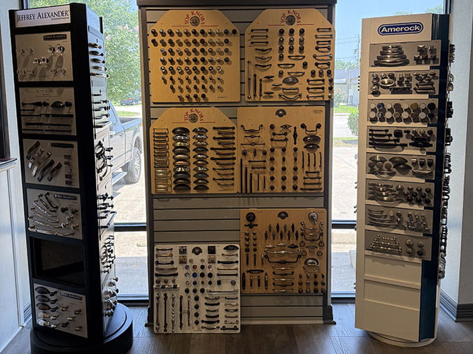 Cabinet hardware available in the Bath & Kitchen Showroom at Moore Supply Company Clute TX